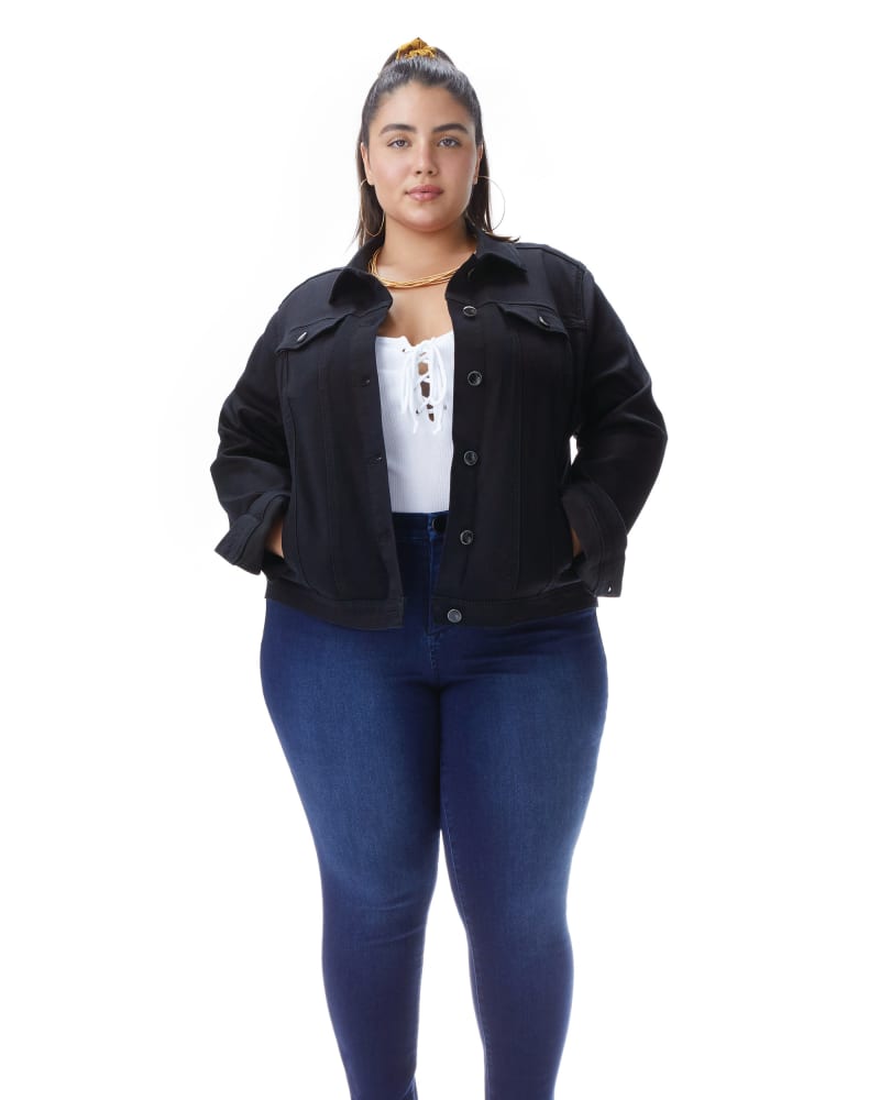 Front of a model wearing a size 1X Better Butter Classic Jacket in Black by 1822 Denim. | dia_product_style_image_id:189466